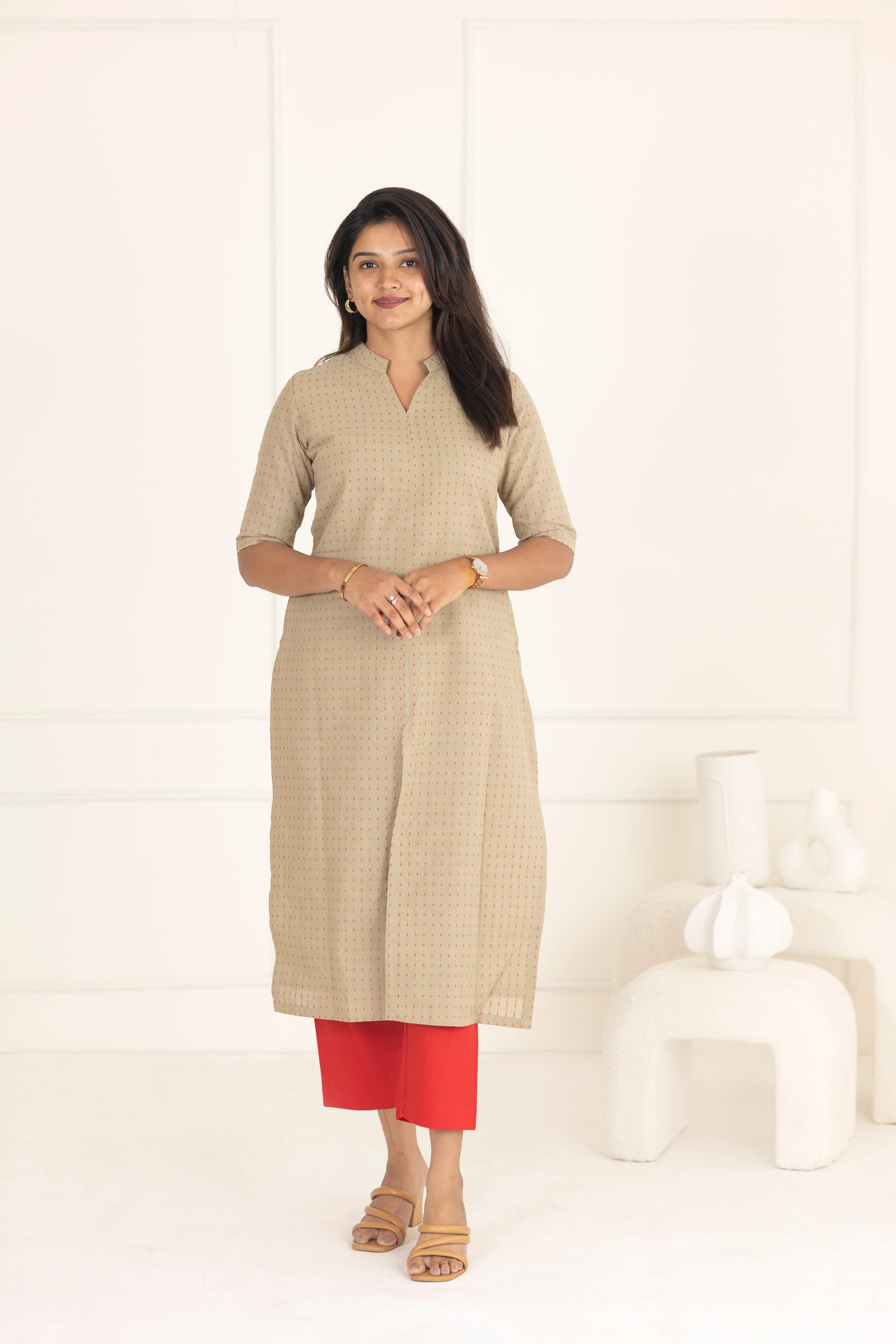 Beige & red suit