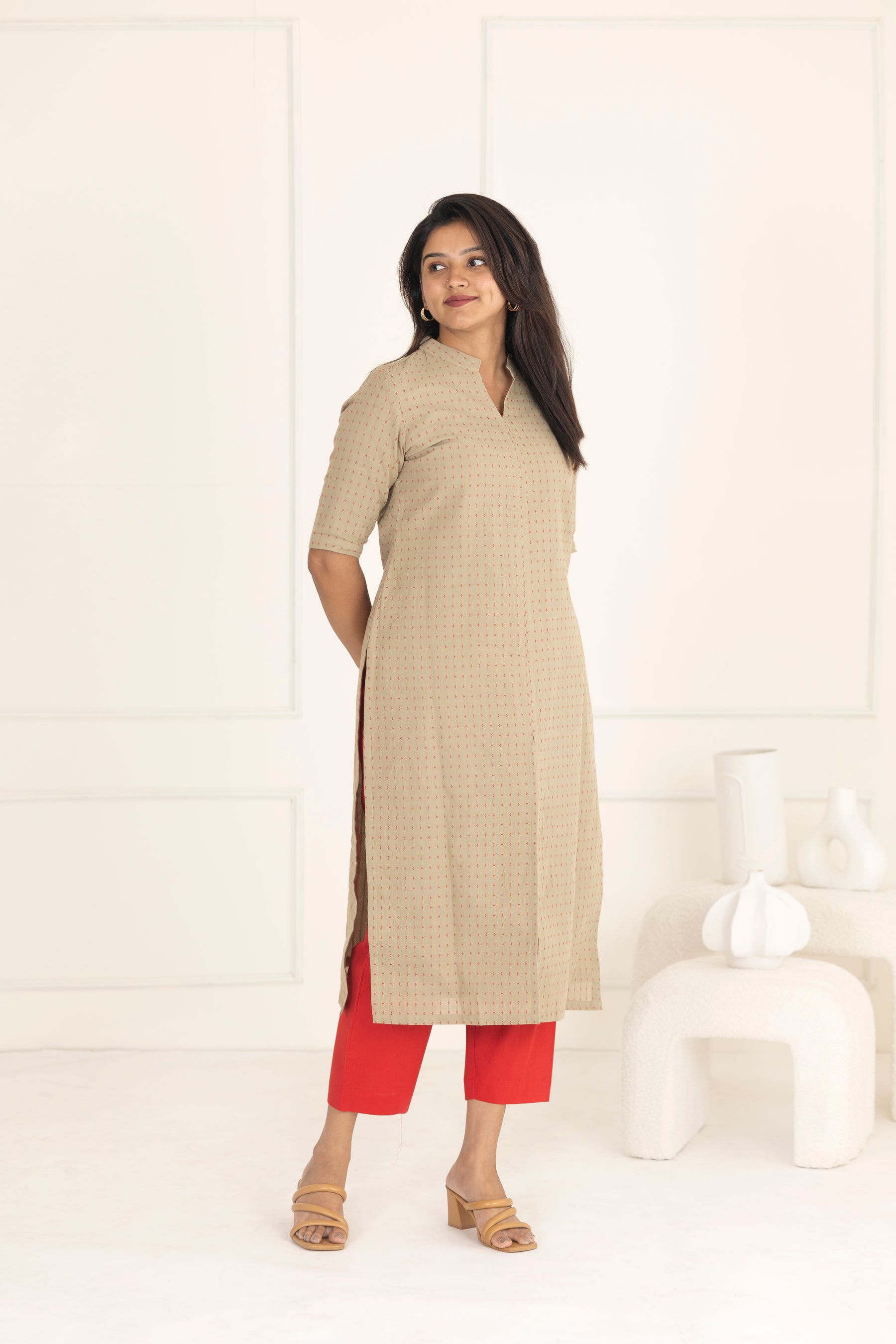 Beige & red suit