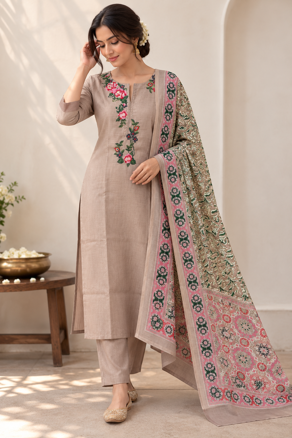 Metallic floral embroidery