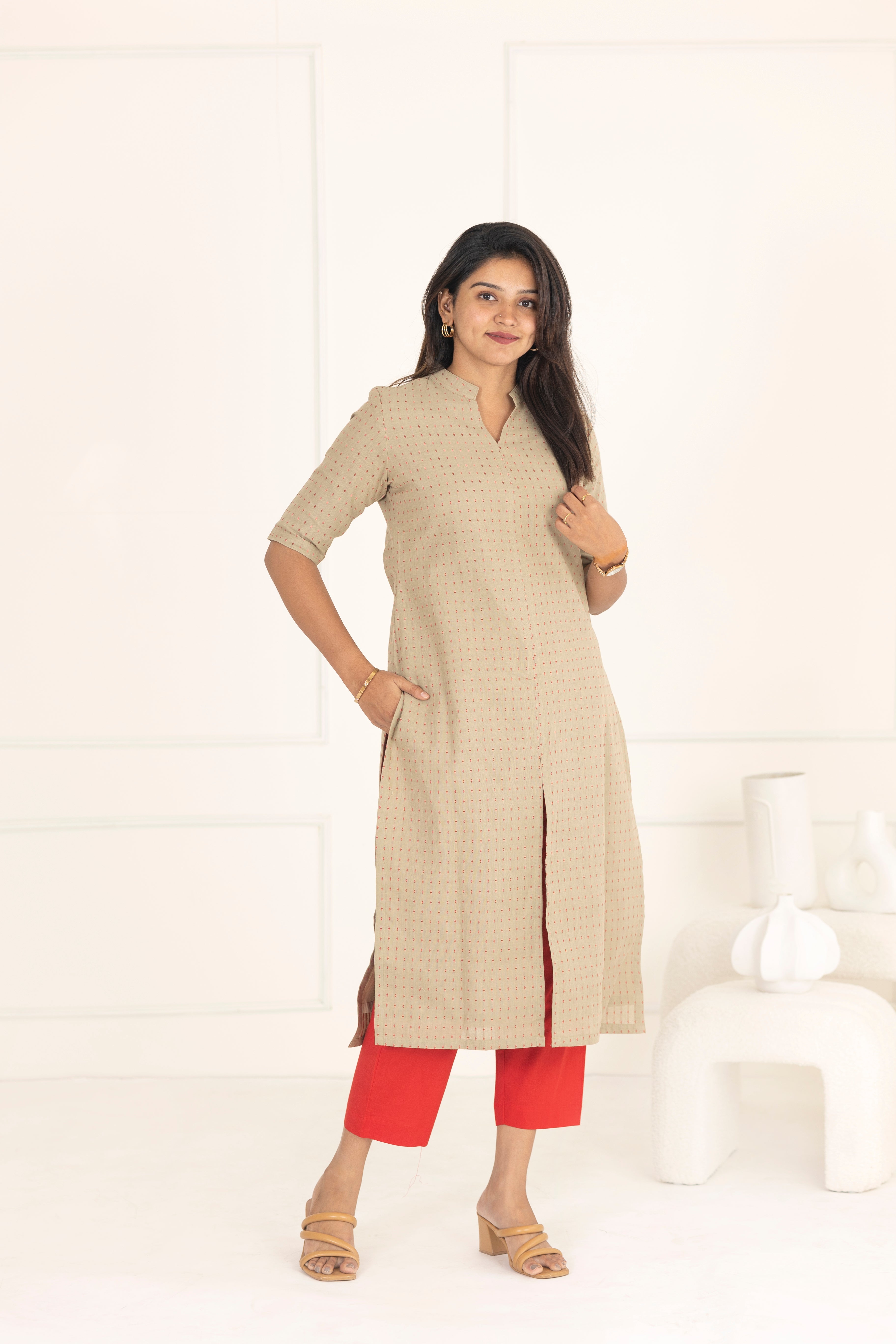 Beige & red suit
