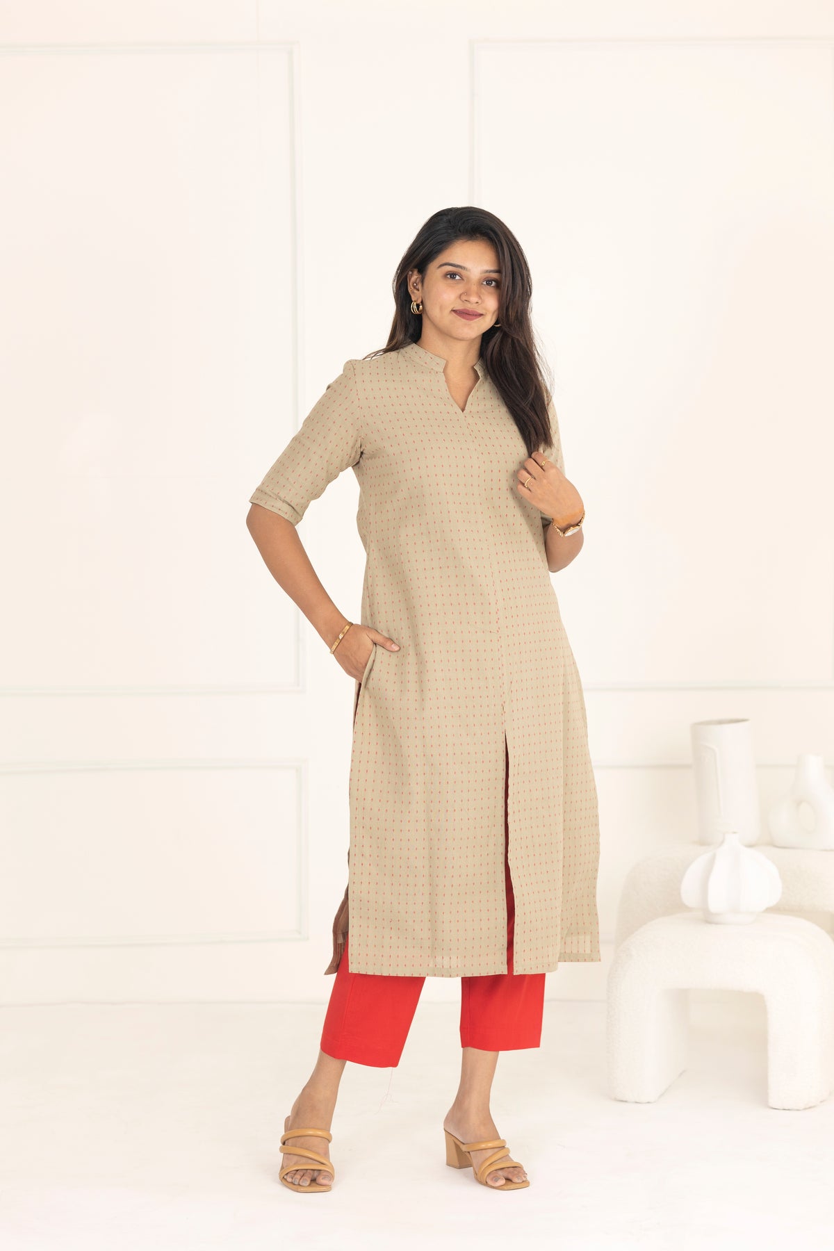 Beige & red suit