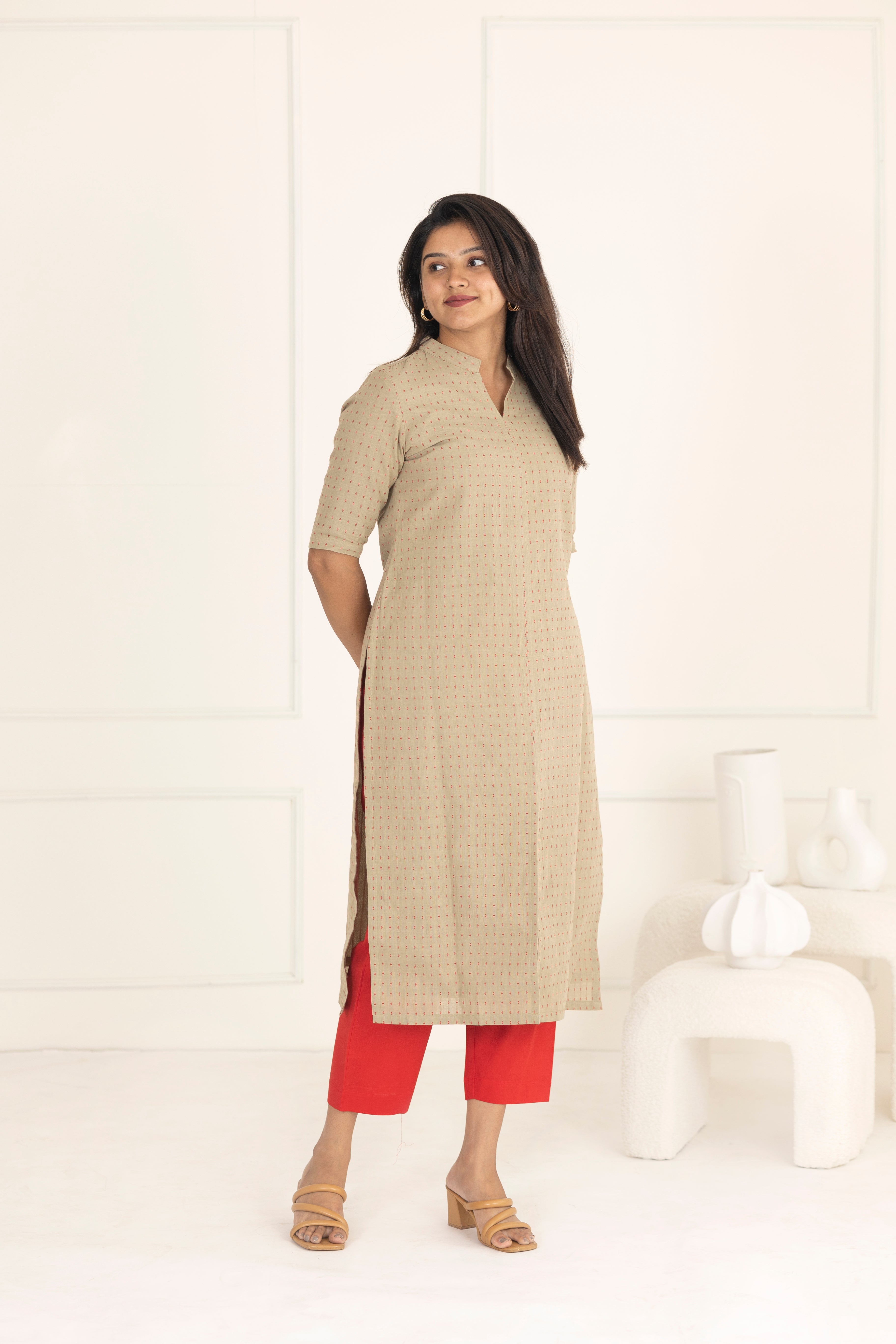 Beige & red suit