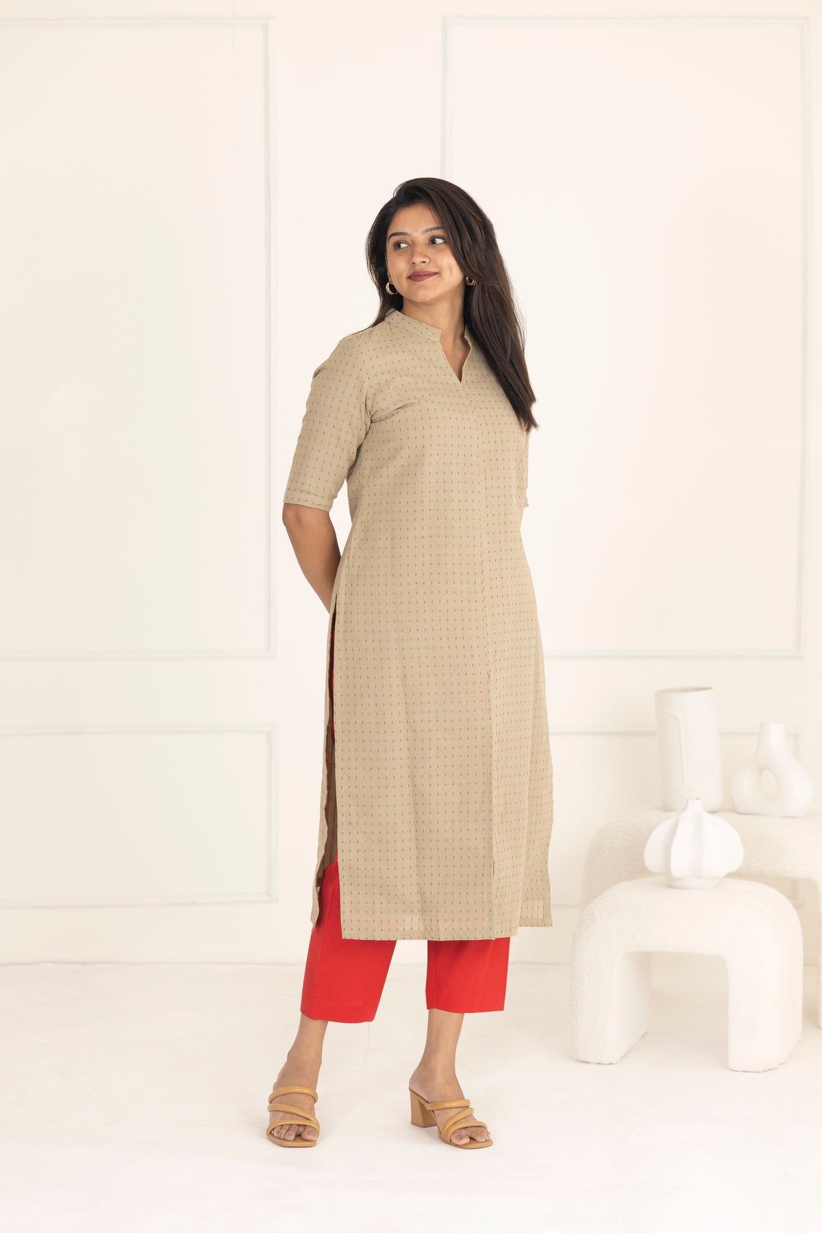 Beige & red suit