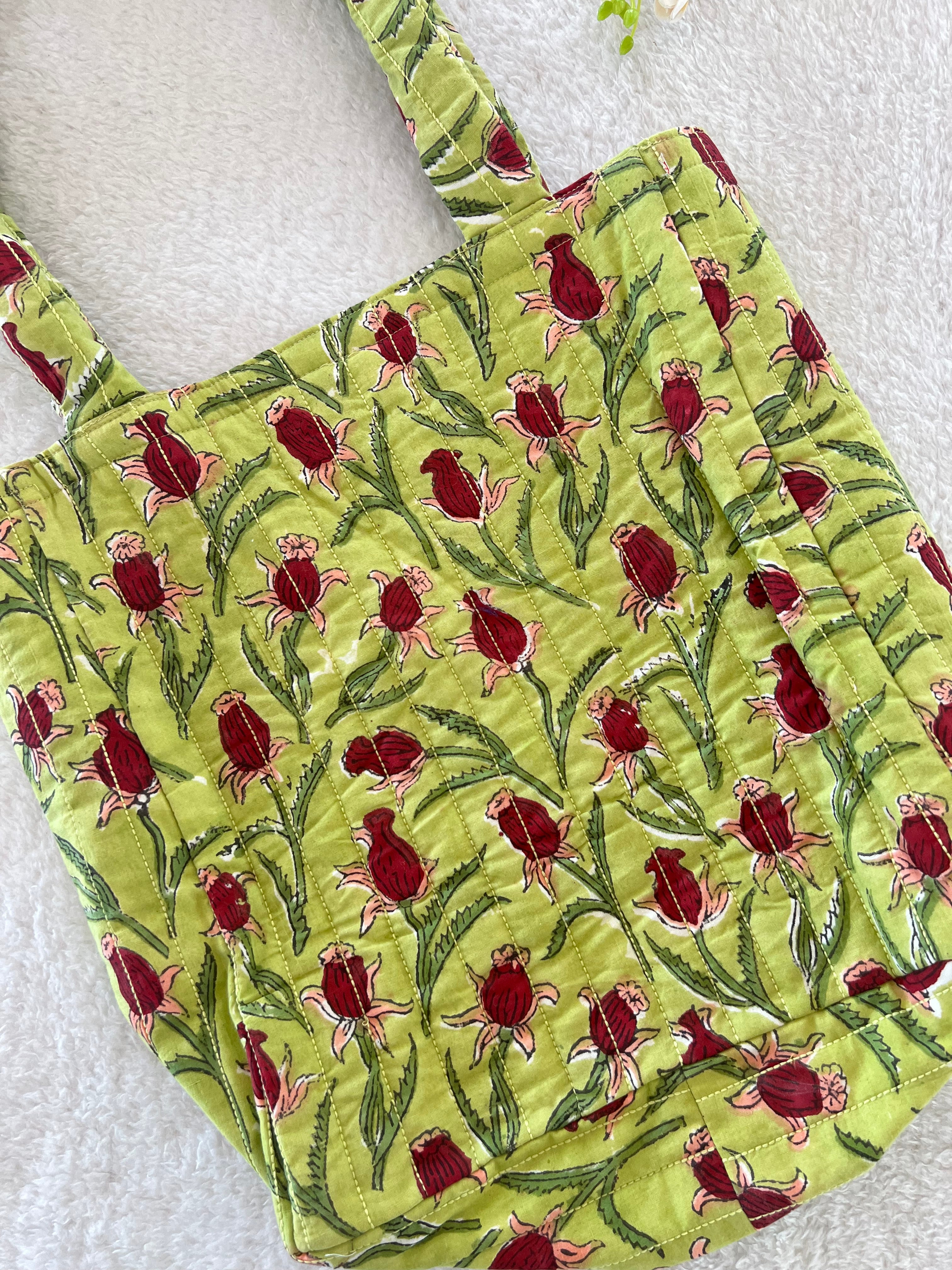 Green floral Hand Blocked Bag